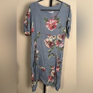 EUC Vasna Floral Blue Dress 100% Linen Large